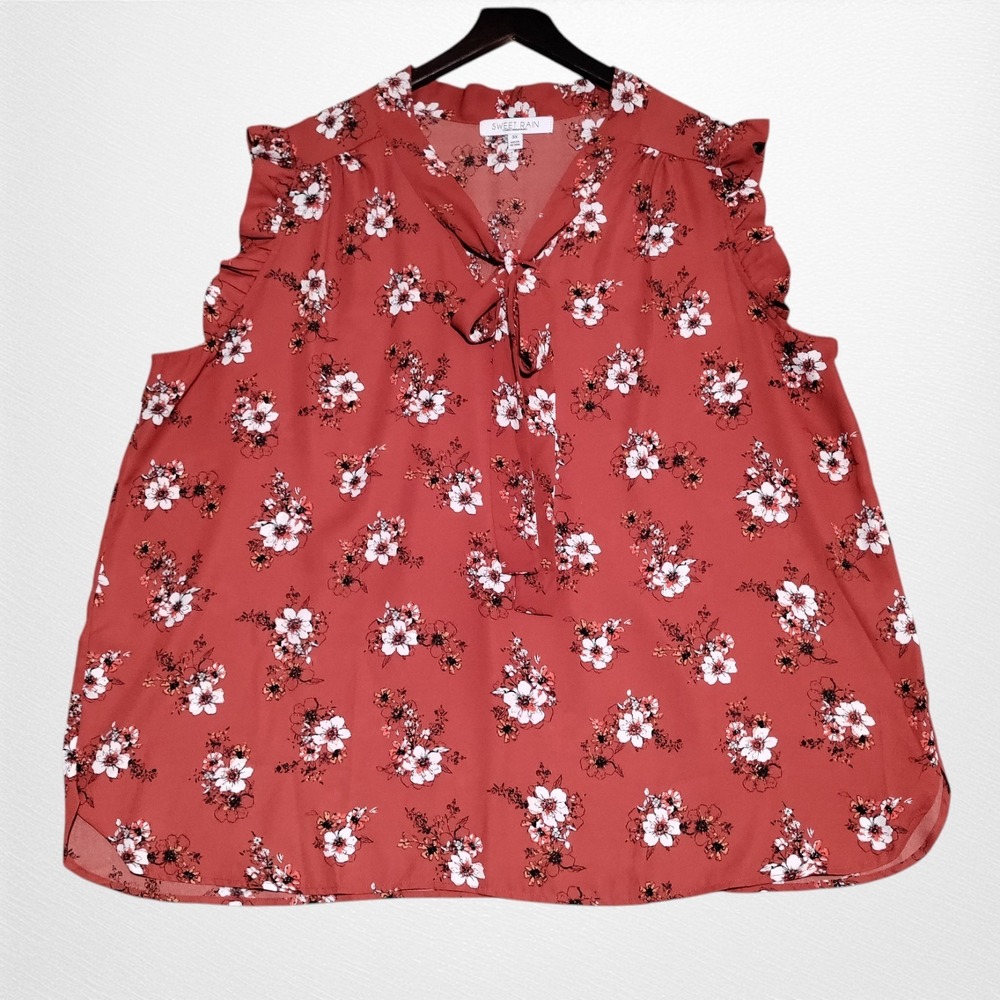 Sweet Rain Plus Size 3X‎ Floral Tied V-Neck Short Ruffle Sleeve Pullover Top